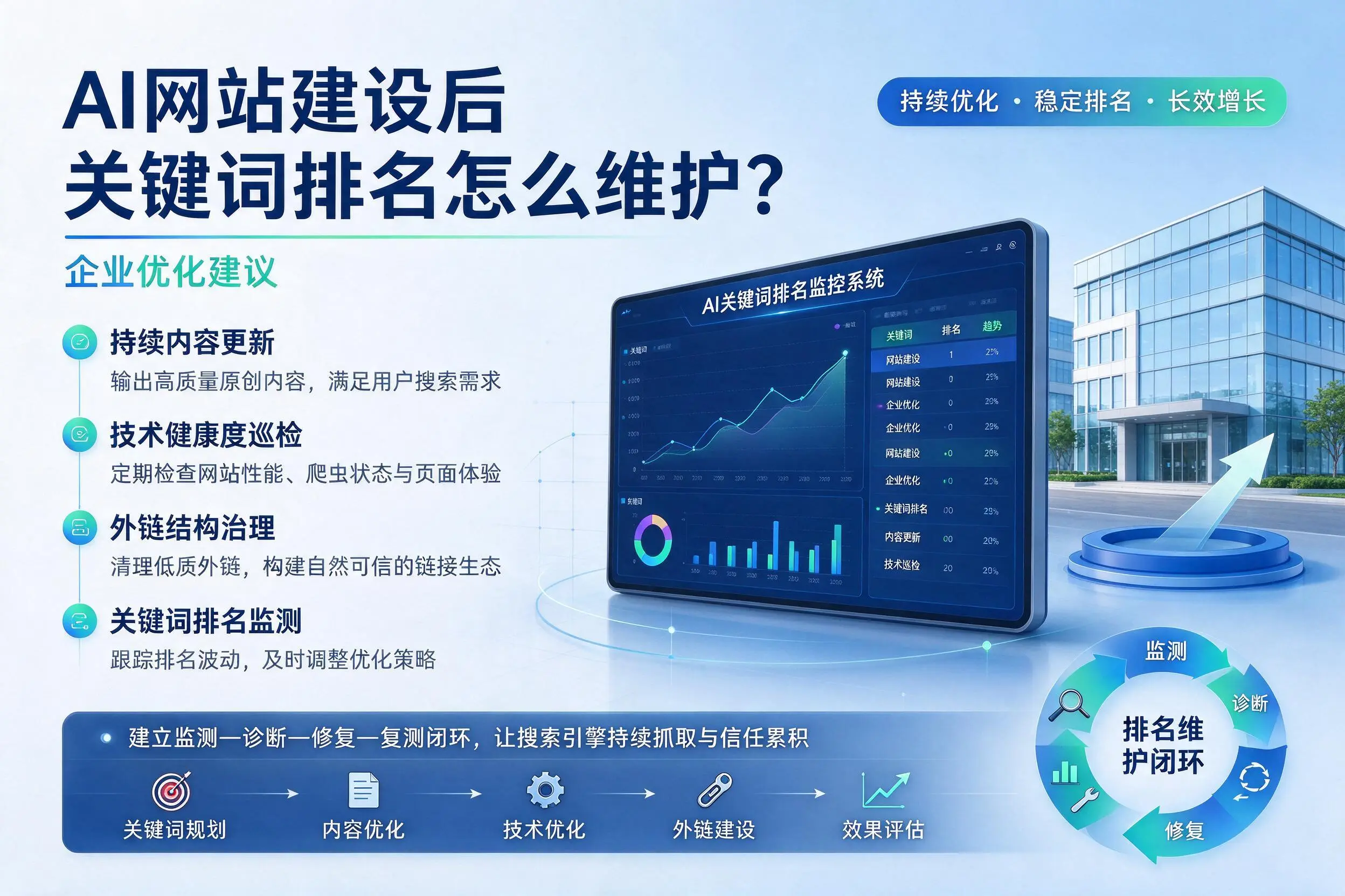 AI网站建设后关键词排名怎么维护?襄阳企业优化建议